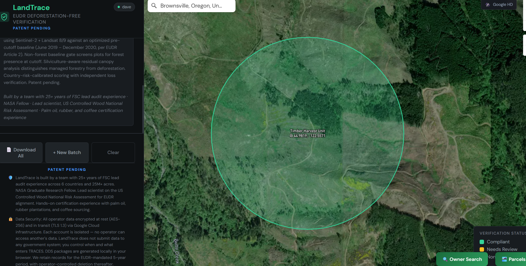 A compliant verification result mapped on satellite imagery